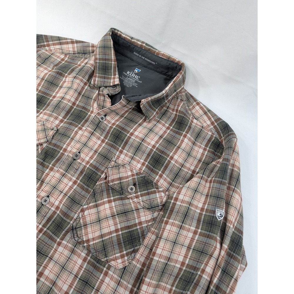 Kuhl Dillinger Flannel Shirt Men Large Beige Plaid Button Down Cotton Blend Tech